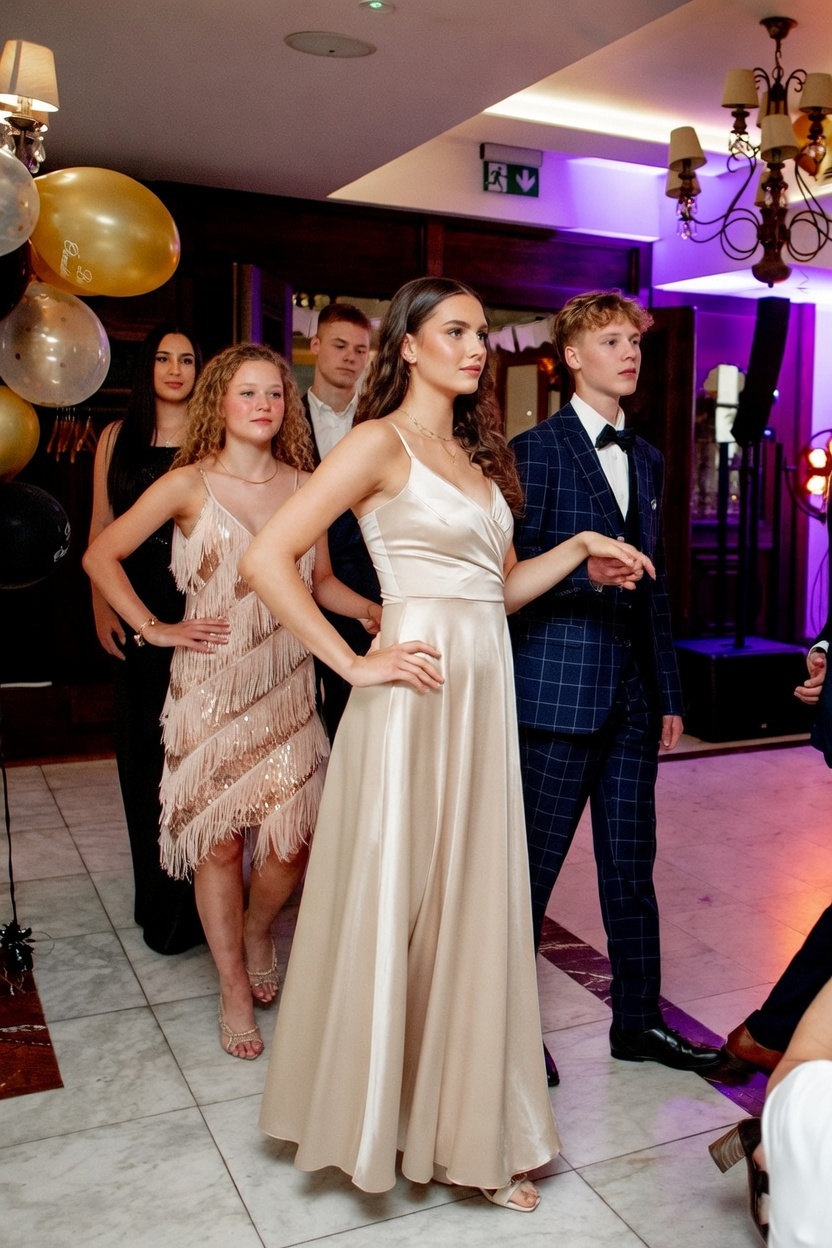 Bal ósmoklasisty Wrocław – uczniowie na parkiecie podczas komersa, eleganckie stroje i złote balony