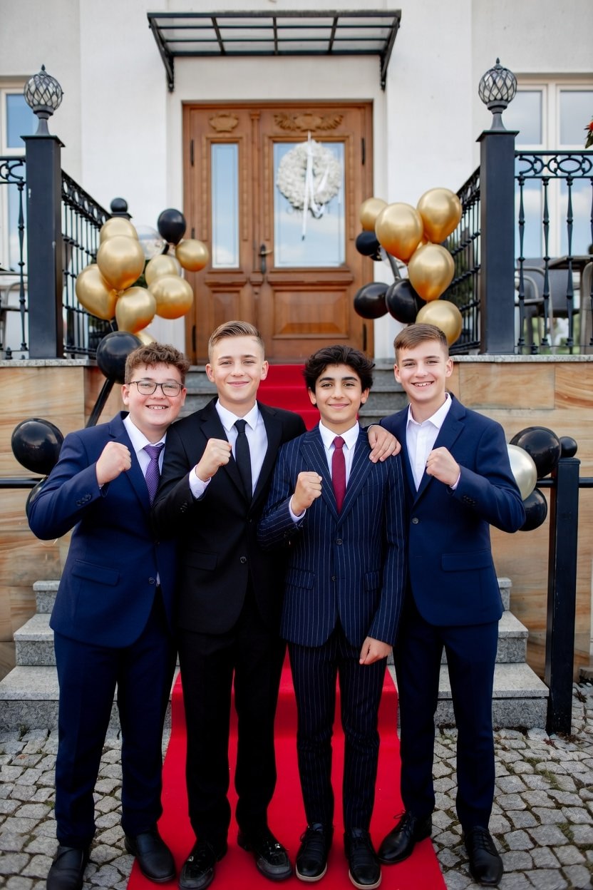 Fotograf na komers Wrocław – uczniowie w garniturach na schodach przed wejściem na bal ósmoklasisty