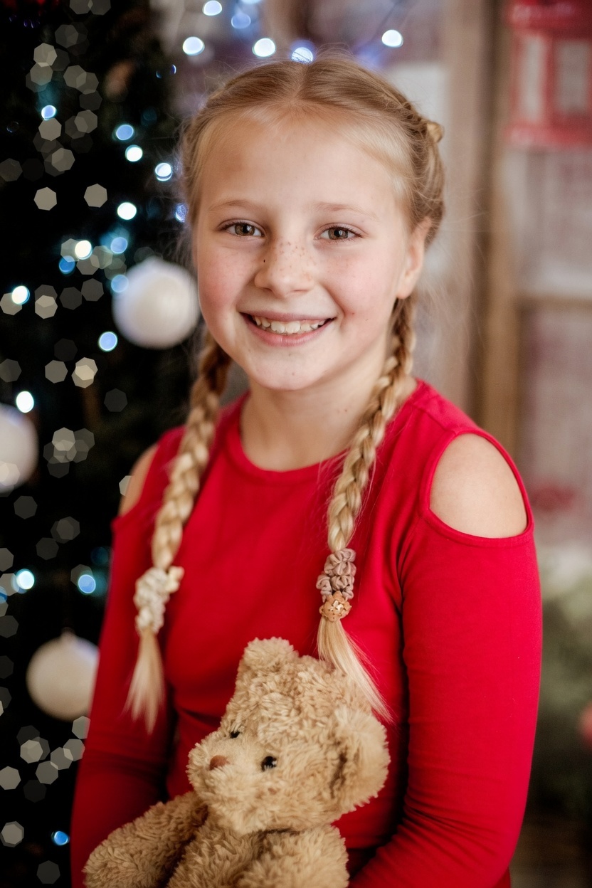 Świąteczna sesja szkolna Wrocław – portret dziecka na tle choinki